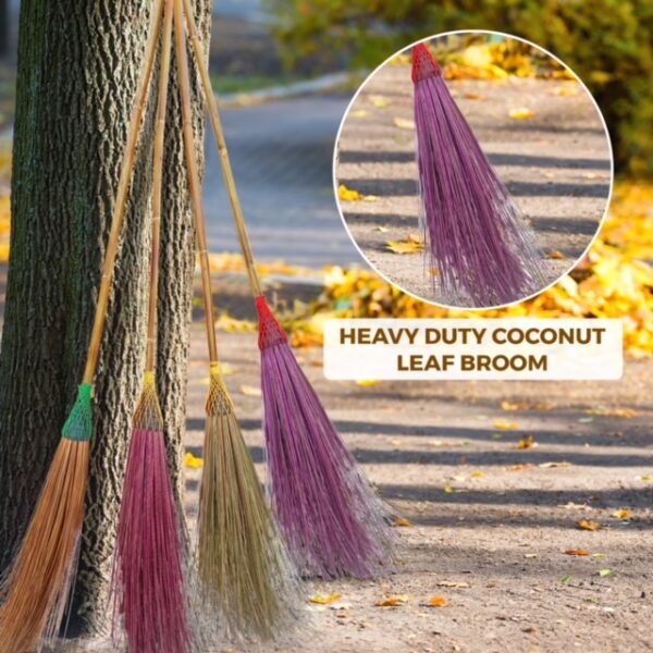 Heavy-Duty Coconut Leaf Stick Broom with Bamboo Handle - Colorful, Durable, and Eco-Friendly for Indoor & Outdoor Sweeping - Image 3