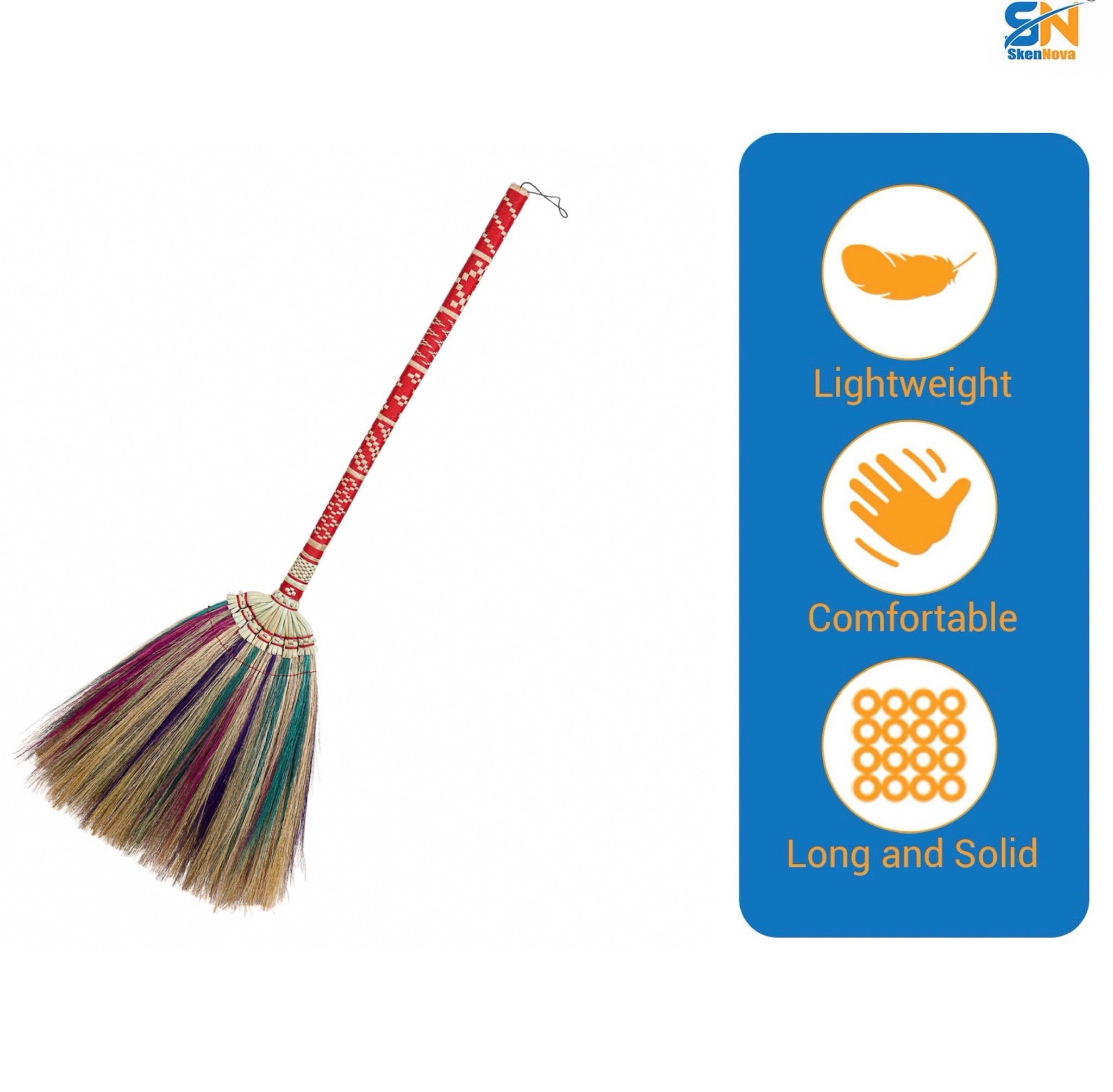 Premium Natural Grass Broom with Bamboo Stick Handle 41 Inches Long