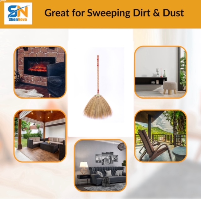 Handmade Natural Grass Broom with Bamboo Stick & Thai Pattern Embroidery - 40 Inch Length - Image 2