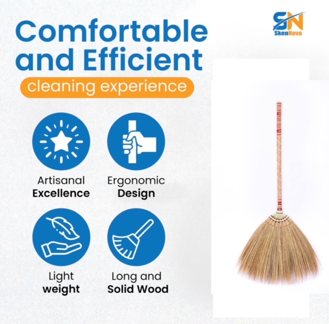 Handmade Natural Grass Broom with Bamboo Stick & Thai Pattern Embroidery - 40 Inch Length - Image 3