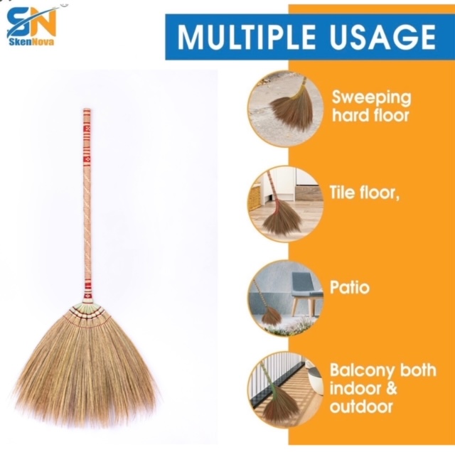 Handmade Natural Grass Broom with Bamboo Stick & Thai Pattern Embroidery - 40 Inch Length - Image 4