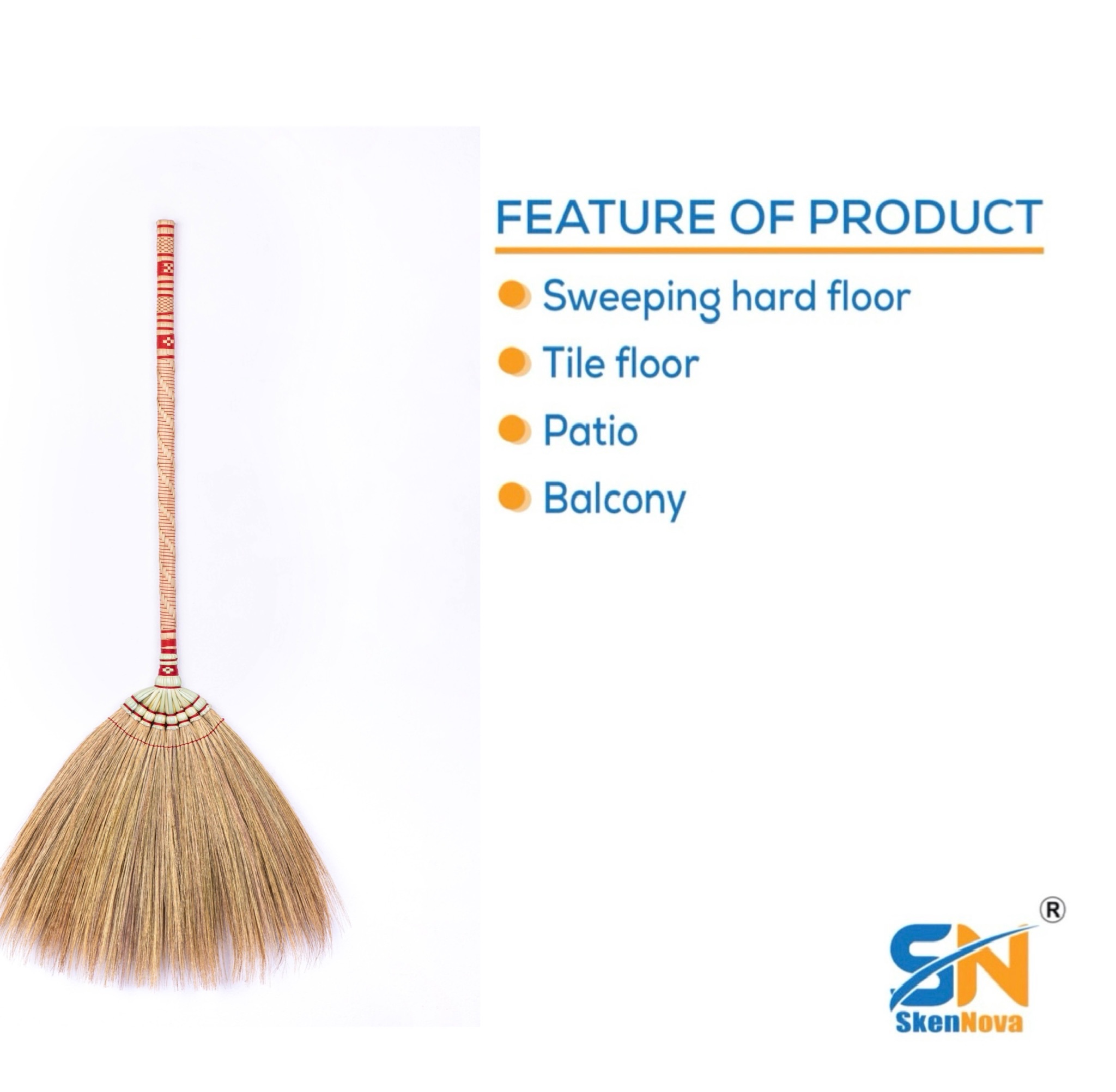 Handmade Natural Grass Broom with Bamboo Stick & Thai Pattern Embroidery - 40 Inch Length - Image 6