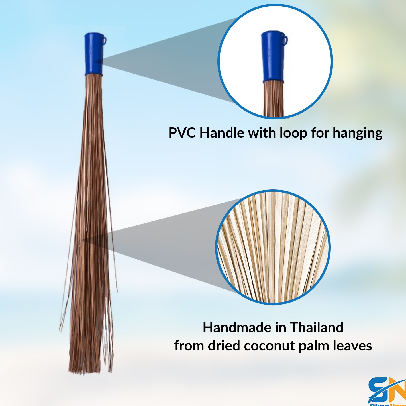 SN SKENNOVA™ 32″ Outdoor Multi‑Surface Heavy‑Duty Broom – Coconut Leaf Bristles, PVC‑Cap Bamboo Handle & Wall Hanger - Image 2